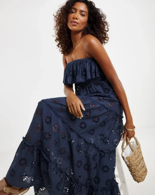 Cotton Broderie Bandeau Maxi Beach Dress