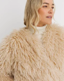 Cream Collarless Shaggy Faux Fur Coat