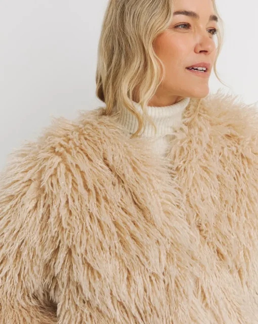 Cream Collarless Shaggy Faux Fur Coat