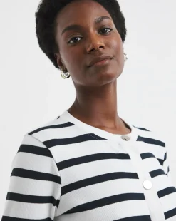 Crew Neck Striped Button Front Cardigan