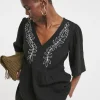 Embroidered Pure Cotton Textured Short Sleeve Smock Top