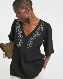 Embroidered Pure Cotton Textured Short Sleeve Smock Top