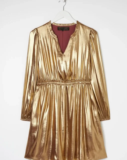 FatFace Gold Pleated Dress