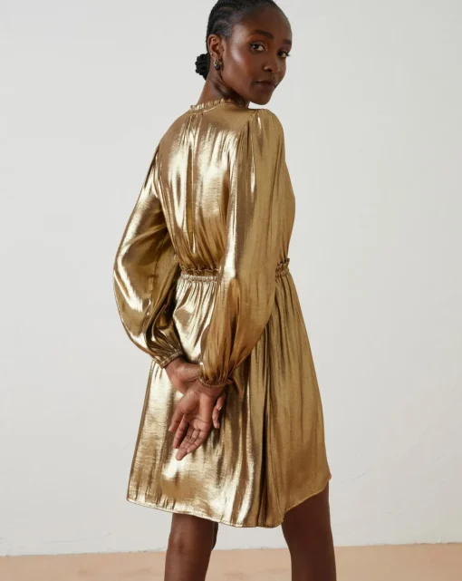 FatFace Gold Pleated Dress