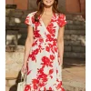 Floral Printed Linen Belted Angel Sleeve Wrap Fit and Flare