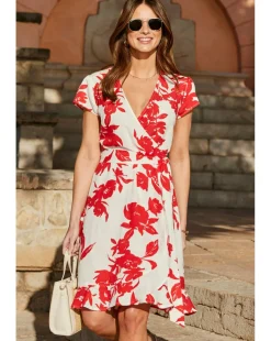 Floral Printed Linen Belted Angel Sleeve Wrap Fit and Flare