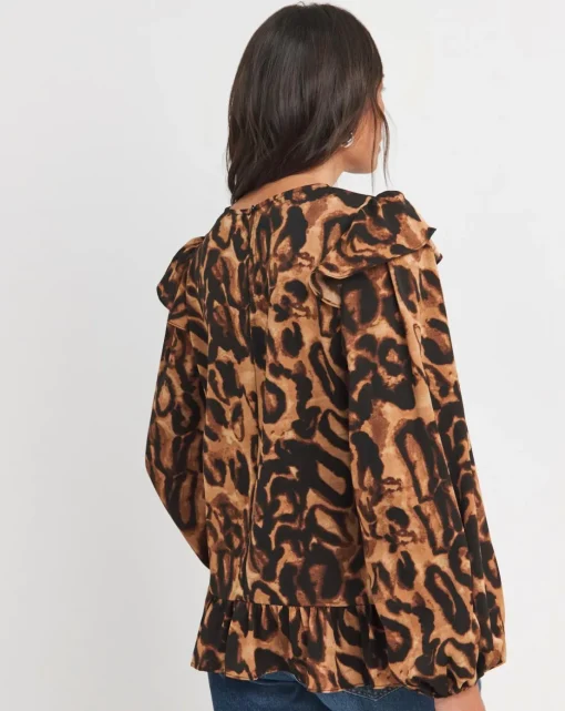 Frill Detail Smock Blouse - Leopard