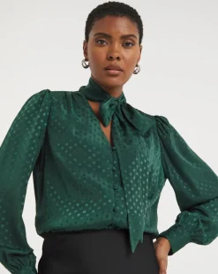 Green Jacquard Spot Tie Neck Blouse