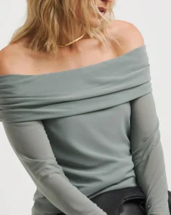 Green Mesh Bardot Top