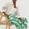 Green Print Spun Viscose Pull On Wide Leg Trousers