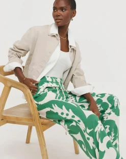 Green Print Spun Viscose Pull On Wide Leg Trousers