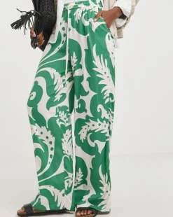 Green Print Spun Viscose Pull On Wide Leg Trousers