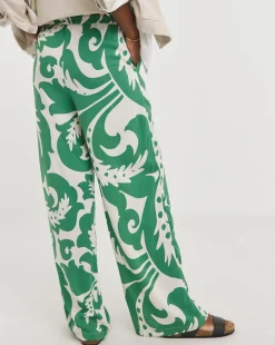 Green Print Spun Viscose Pull On Wide Leg Trousers