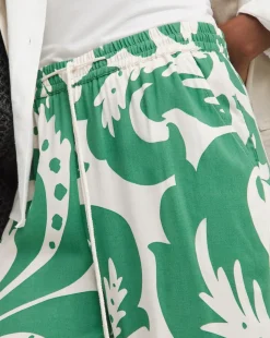 Green Print Spun Viscose Pull On Wide Leg Trousers