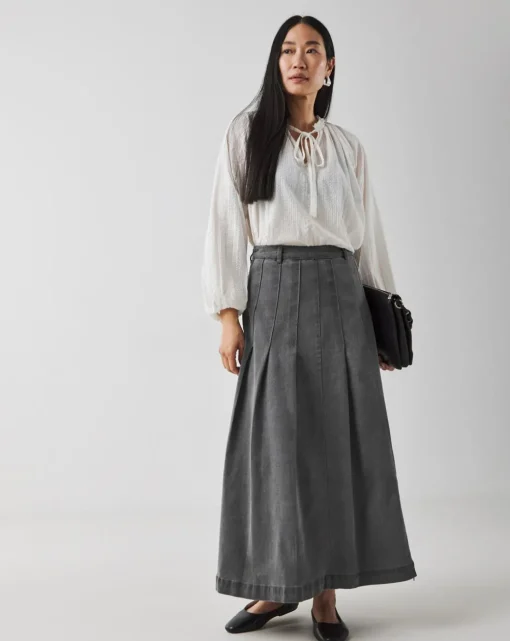 Grey Maxi Pleat Detail Denim Skirt