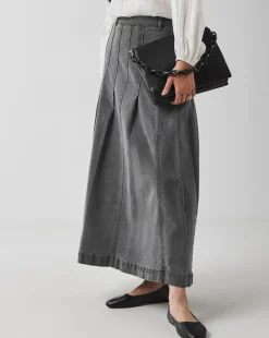 Grey Maxi Pleat Detail Denim Skirt