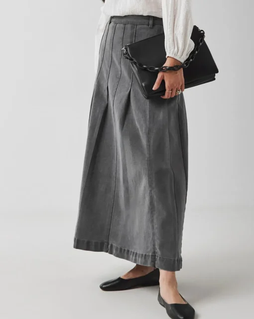 Grey Maxi Pleat Detail Denim Skirt
