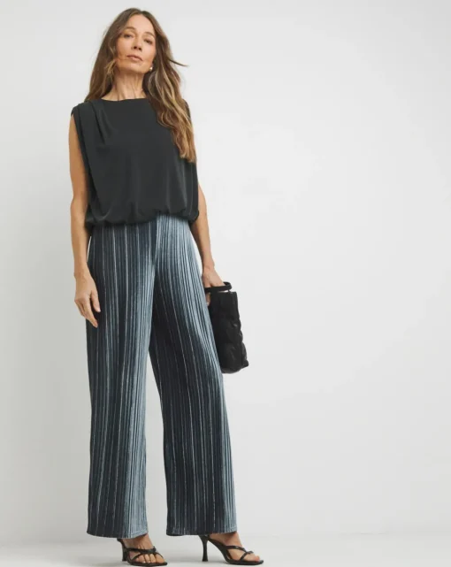 Grey Ribbed Velvet Jersey Wide Leg Pull On Trousers