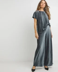 Grey Ribbed Velvet Jersey Wide Leg Pull On Trousers