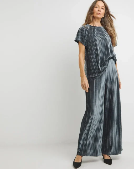 Grey Ribbed Velvet Jersey Wide Leg Pull On Trousers
