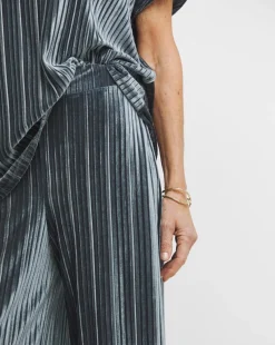 Grey Ribbed Velvet Jersey Wide Leg Pull On Trousers
