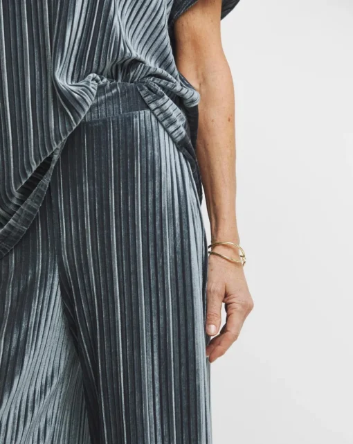 Grey Ribbed Velvet Jersey Wide Leg Pull On Trousers