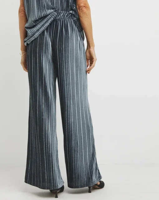 Grey Ribbed Velvet Jersey Wide Leg Pull On Trousers