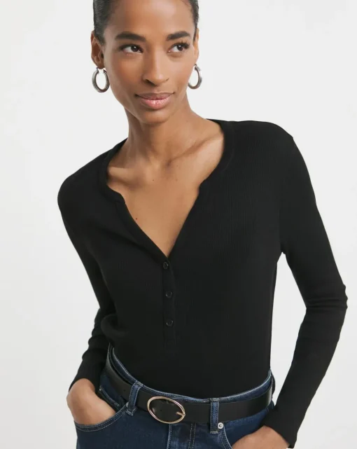 Henley Button Front Long Sleeve Top