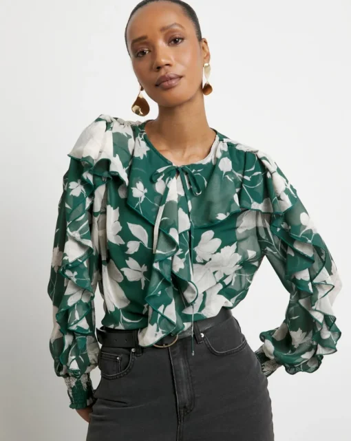 Joanna Hope Crinkle Chiffon Ruffle Blouse