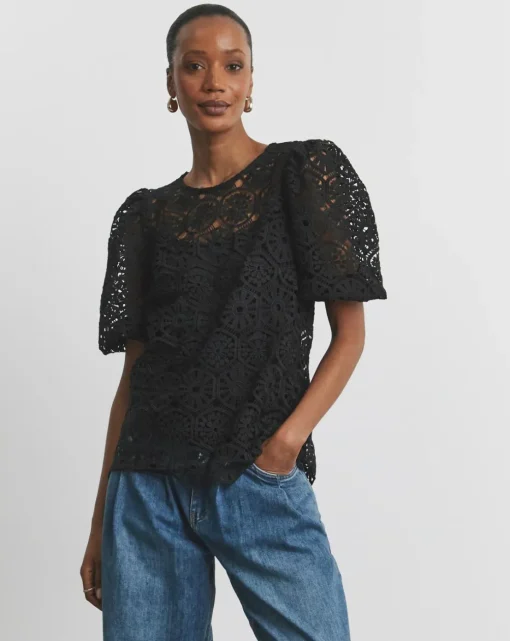 Joanna Hope Crochet Blouse With Puff Sleeves