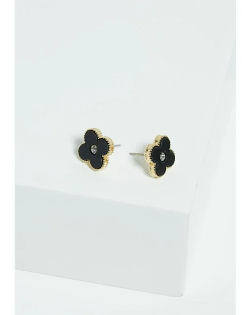 Jon Richard Gold Plated Jet Enamel Clover Stud Earrings