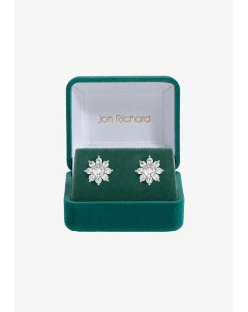 Jon Richard Rhodium Plated CZ Crystal Flower Stud Earrings - Gift Boxed