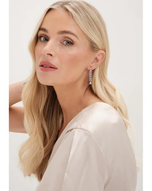 Jon Richard Rhodium Plated CZ Rhodium Plated Leaf Earrings - Gift Boxed