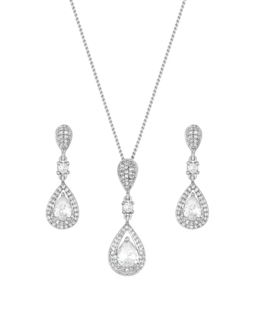 Jon Richard Silver Plated Clear Crystal Pave 3 Tier Pear Drop Set - Gift Boxed
