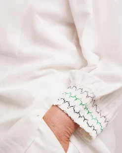 Julipa Linen Embroidered Cuff Button Down Blouse