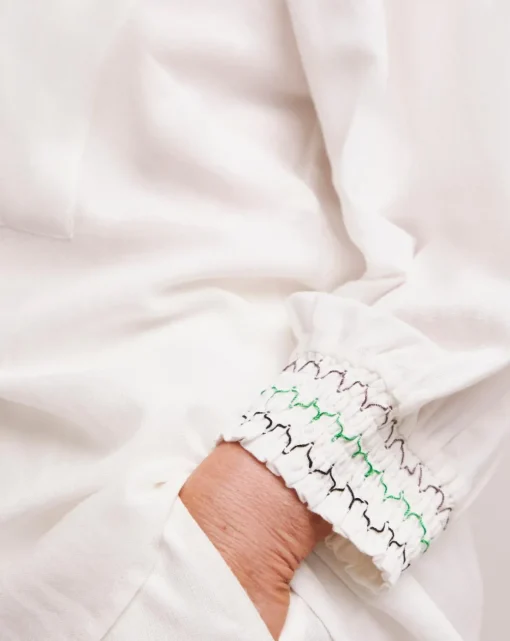Julipa Linen Embroidered Cuff Button Down Blouse