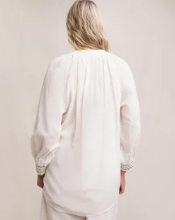 Julipa Linen Embroidered Cuff Button Down Blouse