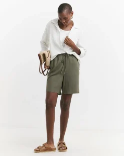 Khaki Linen Mix Knee Length Shorts
