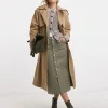 Khaki Midi Button Front Denim Skirt