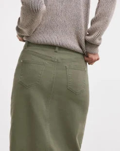 Khaki Midi Button Front Denim Skirt