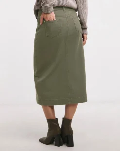 Khaki Midi Button Front Denim Skirt
