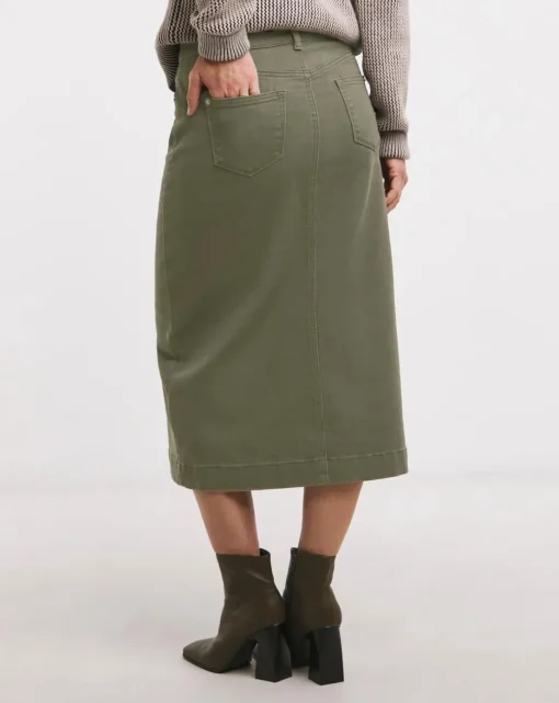 Khaki Midi Button Front Denim Skirt