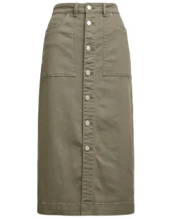 Khaki Midi Button Front Denim Skirt