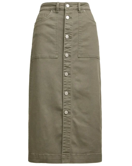Khaki Midi Button Front Denim Skirt