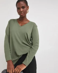 Khaki V-Neck Longline Split Hem Slouch T-Shirt