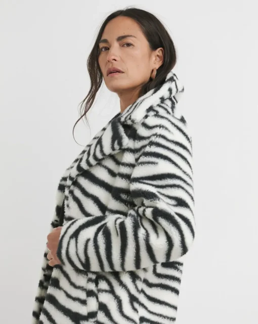 Longline Zebra Print Faux Fur Coat