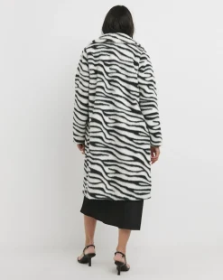 Longline Zebra Print Faux Fur Coat