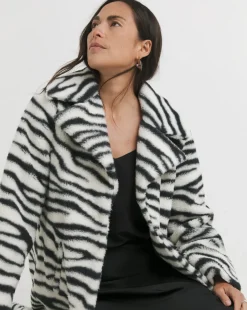 Longline Zebra Print Faux Fur Coat