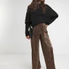 Metallic Copper Plisse Stretch Wide Leg Trousers
