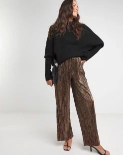 Metallic Copper Plisse Stretch Wide Leg Trousers